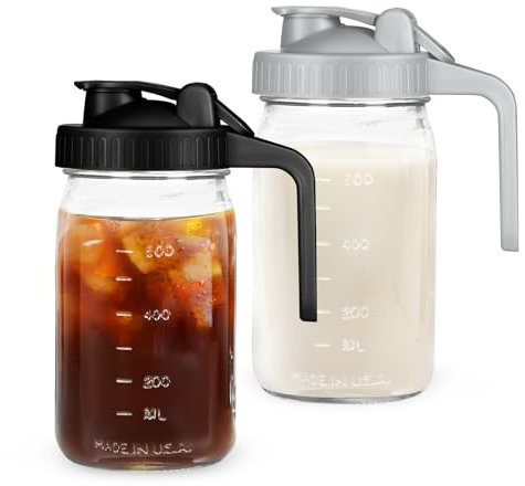 Breast Milk Pitcher Mason Jar - 2Pack Easy Pouring 32oz Airtight Glass Jar with Pour Spout Lid, Classic Wide Mouth Jug Easy to Clean, Ideal for Coffee & Creamer, Iced & Sun Tea, Juices