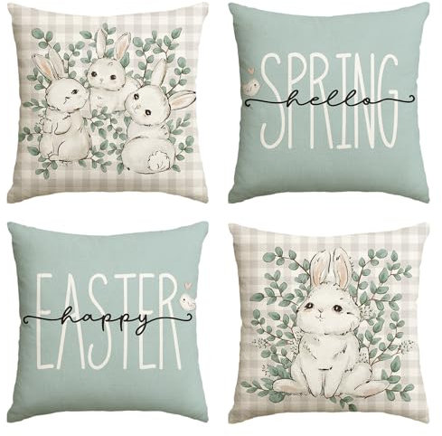 Artoid Mode Happy Easter Büffelkaro Kaninchen Ostern Kissenbezüge 4er Set, 40x40 cm Hello Spring Zierkissenbezug Couch Wohnzimmer Deko
