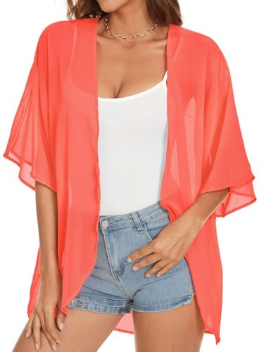 Gosunny Damen Casual Kimono Strickjacken Kurzarm Strand Cover Up Größe Blumendruck Cardigan(Orange,XL)