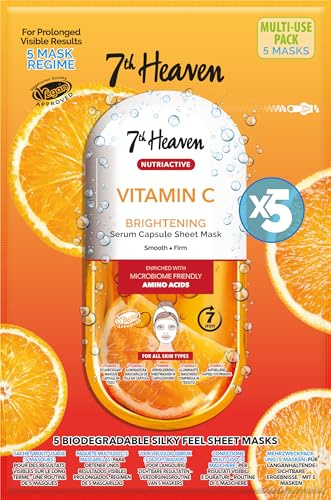 7th Heaven Nutriactive Vitamin C Sheet Face Masks Pack of 5, Brightening Multipack with Microbiome-Friendly Amino Acids, Vegan Cruelty Free Biodegradable Skincare for All Skin Types, Radiant Glow