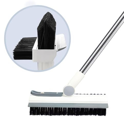Schrubber mit Stiel, 3-in-1 schrubber, Bodenschrubber mit Abnehmbare Bürste, mit Steifen Borsten und Wasserschieber, Pinzette, für Terrasse, Badezimmer, Wand, Boden, Garage und Küche