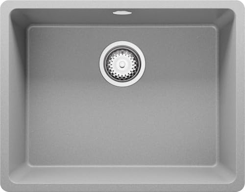 PRIMAGRAN Fregadero bajo Encimera al Mueble 60cm + Kit de desagüe, 56x44cm | Set: Kit de desagüe (sifón, válvula, rebosadero) + Venecia Easy 1 Seno para Cocina, Gris
