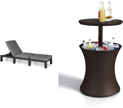 Keter Daytona Deluxe-Tumbona de Jardín, para Exterior Ideal terrazas, Patios, Jardines & Cool Bar, Mesa Nevera para Exterior y Jardín, Ratán, Color Crema, Capacidad 30 L, 45 latas