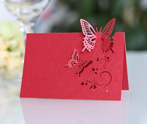 PTNKUIIY 50 Stück Tischkarten Blanko Namenskarten zum Beschriften mit Schmetterling Hochzeit Tischdeko Tischdekoration Platzkarten für Geburtstag Konfirmation Kommunion Taufe Feier -Rot