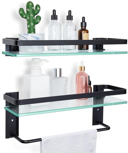 Suzile Modernes Badezimmer-Regal, 39,9 x 12 cm, Wandmontage, schwebende Regale mit Handtuchstange, gehärtetes Glas, 2 Stück (schwarz), 2 Stück