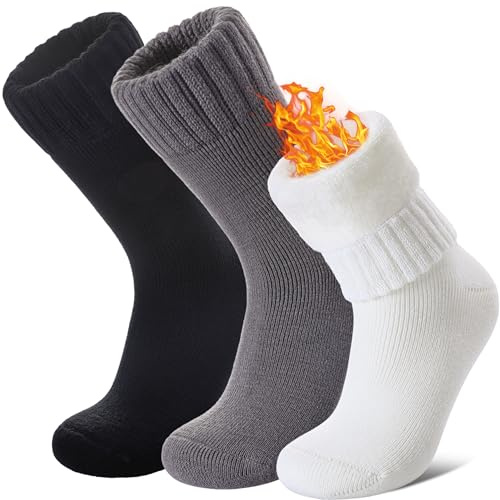 LANLEO Women Men Thermal Socks Warm Winter Extra Thick Insulated Heated Ski Crew Boot Socks for Cold Weather 3 Pairs Black White Grey,Medium