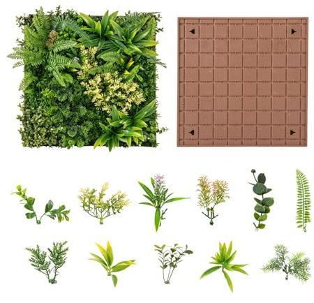 COSTWAY 2er Künstliche Hecke Pflanzenwand, 50 x 50 cm, Paneele mit vielfältigen Kunstpflanzen, Simulierter Rasen, Wandpaneele Wandpflanze, Künstliche Pflanze für Wand Balkon Garten, Grün (11 Arten)