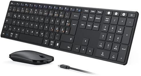 seenda SKM64-3 Bluetooth Tastatur mit Maus, Wiederaufladbare Dualmodus USB & Bluetooth Tastatur aus Metall, Ultradünne Leise Tastatur Maus Set kabellos für PC/Tablet/MacOS, QWERTZ Layout(Schwarz)