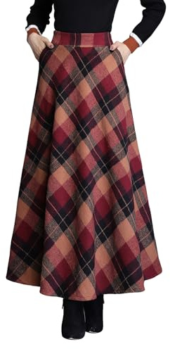 Rock Damen Lang Kariert Winterrock Vintage Wollrock Hohe Taille A-Linie | Elegant Maxirock Damen Festlich mit Taschen. Perfekter Vintage Rock Damen Herbst für Büro und Alltag.