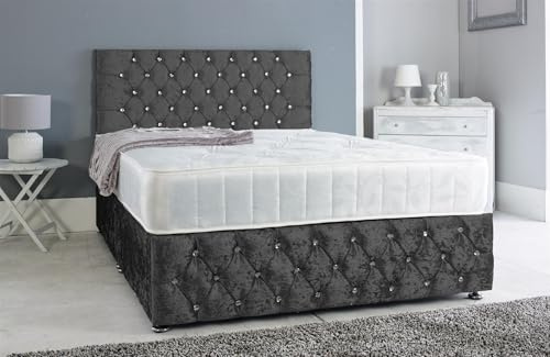 Adore Living Chesterfield Crushed Velvet Divan Bed with Orthopaedic Mattress (Black, 5ft, Kingsize)