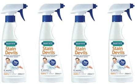 Stain Devils Antiperspirant & Sweat Mark Remover Spray 250ml - Removes Deodorant & Sweat Stains - Odor Eliminator for Shirts, Blouses & T-Shirts - Safe for Most Fabrics (4 Pack (1Ltr))