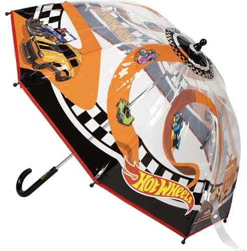 Hot Wheels Parapluie à main pour enfants avec dôme transparent et voitures de course, ouverture sûre et barres renforcées pour enfants, fans de vitesse, roues chaudes, T45C : 45 cm, produit sous