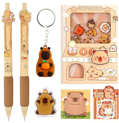 Carino Kit Cancelleria Capybara - Set Kawaii con Penne, Taccuino Sorpresa, 30 Adesivi, Portachiavi, Foglietti Rimovibili e Ferma Appunti - Regalo Ufficio/Scuola (0.5mm)