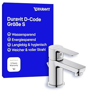 Duravit D-Code Robinet de lavabo Taille S (hauteur du bec 125 mm) Robinet de lavabo à économie d'énergie (FreshStart) Robinet de salle de bain économiseur d'eau (MinusFlow), avec bonde à tirette,