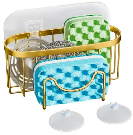 Werwing M-förmiger Schwammhalter aus Edelstahl für Küchenspüle, rostfreier Spülbecken-Caddy mit Saugnäpfen und Klebehaken, multifunktionaler Organizer für Bürsten, Schaber und Schwämme (Gold)