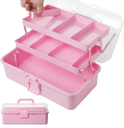 Sampoes 3-Regal Mehrzweck-Aufbewahrungsbox, 33 cm Bastelkoffer, Sortierbox, Nähkasten, Medizinkoffer, Organizer Box mit 2 Regalen für Bastel Make-up