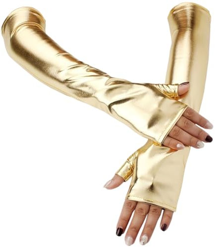 CALFOVERA Glänzende Metallisch Goldene Armstulpen Aus PU Leder Lang Mit Halber Handfläche Fingerlose Handschuhe Dehnbar Gothic Rock Bühnenhandschuhe Punk Anzieh Armwärmer Für Frauen Und Mädchen
