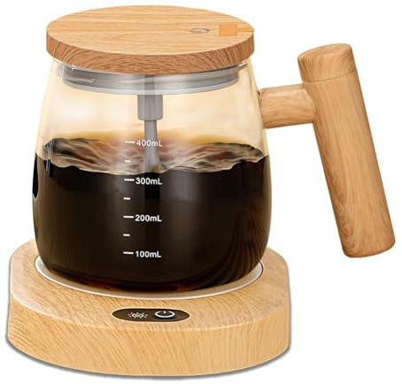 Rersduyt Electric Self Stirring Mug with Heating Base & Lid - High Speed Glass Mixing Cup for Coffee,Travel & Office-Waterproof
