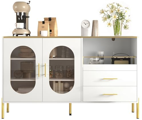 Sideboard Weiß mit Glasfronten & Weinregal – Esszimmerschrank mit Schubladen & Stauraum – Moderne Anrichte aus MDF mit Goldenen Griffen &Verstellbarem Fuß für Wohnzimmer & Flur (140 L x 38 B x 90 H)