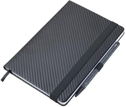 TROIKA Notizblock DIN A5 inkl. Kugelschreiber SLIMPAD A5 CARBON Notizbuch 64 perforierte Blätter mit Punktraster Stiftschlaufe Lesezeichen geprägtes Lineal aus Kunstleder und Metall Farbe Carbon Optik