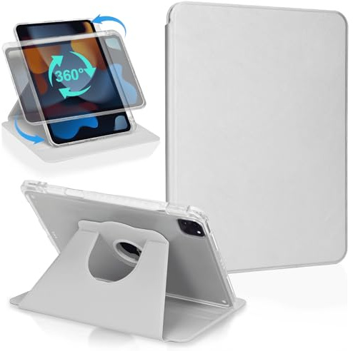 Koze Funda Giratoria para iPad Pro 11 Pulgadas 2022/2021/2020/2018 (4.ª 3.ª 2.ª 1.ª Generación) con Portalápices, Carcasa Acrílico Transparente Antigolpes Rotativa 360 Grados, Gris Claro