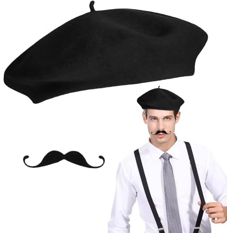 Franzosen Kostüm Zubehör Erwachsene, Baskenmütze und Schwarz Schnurbart Kleben, Französische Kostüm Mütze und Fake Schnurrbart, für Karneval, Bühnenshow, Halloween (Schwarz)