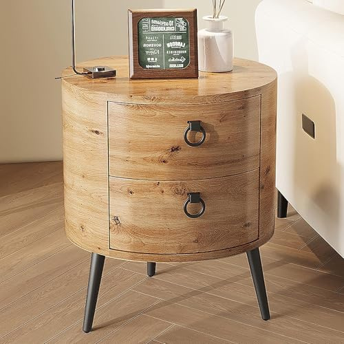 OPULENTHOME Beistelltisch aus Holz, Sofatisch, rund, mit 2 Schubladen, Nachttisch, modernes Design mit dreieckigen Metallbeinen, Nachttisch für Wohnzimmer, Schlafzimmer (47 x 47 x 55 cm, Natur)
