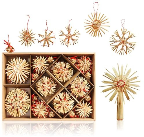 com-four® 69-teiliges Set Strohsterne - Christbaum-Schmuck aus Stroh - Stroh-Anhänger für den Weihnachtsbaum mit Christbaumspitze - Weihnachtsdekoration