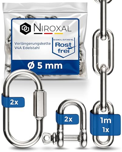 100-cm = 1-Meter 5-mm starke Verlaengerungs-Kette aus Edelstahl Bruchlast max 900 kg mit Schaekel Schraub-Verbinder aus V4A Befestigungs-Set Aufhaengung von Boxsack Haengematte Haengesessel