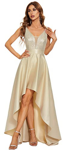 Ever-Pretty Women's V Neck Elegant A Line Hi-Low Empire Waist Satin Skirt Long Ball Evening Dresses with Sequin Rose Gold 14UK