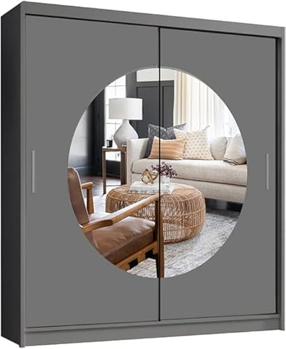 MN Furniture Modern Double Sliding Door Wardrobe 2 Mirrored Hanging Rails & Shelves Storage Cabinet for Bedroom (203cm, Moon Grey)