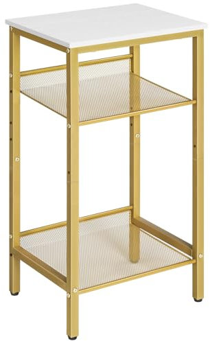 HOOBRO Beistelltisch, Telefontisch mit 2 verstellbaren Gitterablagen 38 x 28 x 74 cm, Sofatisch, Kaffeetisch, Industrie-Design, Weiß und Gold EDW01DH01G1