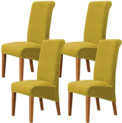 Dining Chair Covers Set of 4 - Velvet XL Chair Covers for Dining Chairs 4, Stretch High Back Dining Chair Slipcovers Chair Protector for Dining Room Wedding Hotel Banquet Party(Velvet Mustard Yellow)
