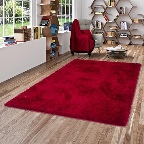 Snapstyle Hochflor Plüsch Shaggy Teppich für Wohnzimmer und Schlafzimmer Flauschig Luxus Feeling Mix Rot