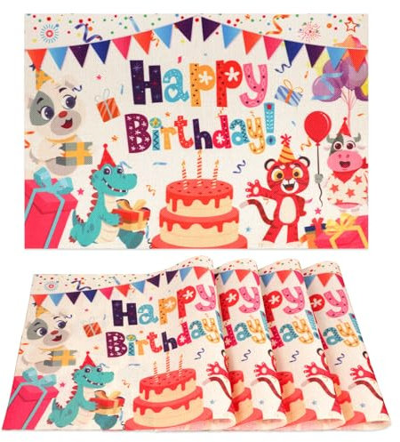 Geburtstag Platzsets 4er Set, Tier Platzsets Kuchen Dinosaurier Tischsets Waschbar Happy Geburtstag für Frühling Birthday Brautparty Hochzeit Party Küche Esstisch Dekoration Indoor, 12x18In