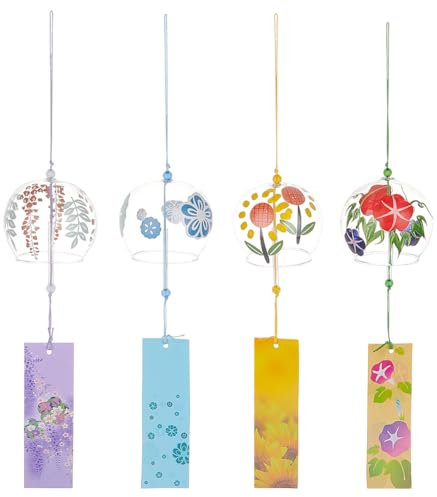 BENECREAT 4 Stück Japanisches Rundes Windspiel Aus Glas, Himmelblaues Lilafarbenes Gelbes Windspiel Mit Blumenmotiv Und Gebetspapieranhänger Für Garten, Terrasse, Fensterbank-Dekoration