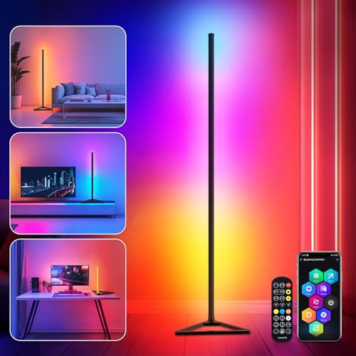 KingMile Lampadaire LED,RGBIC Lampadaire sur Pied Salon,Lampadaire Salon Amovible 140cm Noir avec APP, Lampe sur Pied Salon 16 Millions de Couleurs,LED Gaming 300 Modes Scène et Modes Musique
