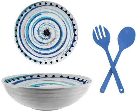 ARCA, Insalatiera Apulia Spirale in Melamina con Posate, Ciotola per Antipasti, Insalate, Poké, Lavabile in Lavastoviglie, 28x9 cm, Blu