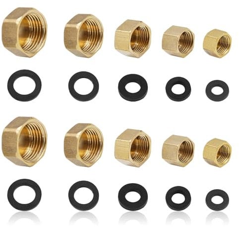 10Pcs Brass Blanking Cap,1/8 1/4 3/8 3/4 1/2 Brass Garden Hose Female End Cap with Sealing Washers,3/4 Hex Brass Blanking Nut Cap for Washing Machine Radiator Valve Faucets Tap