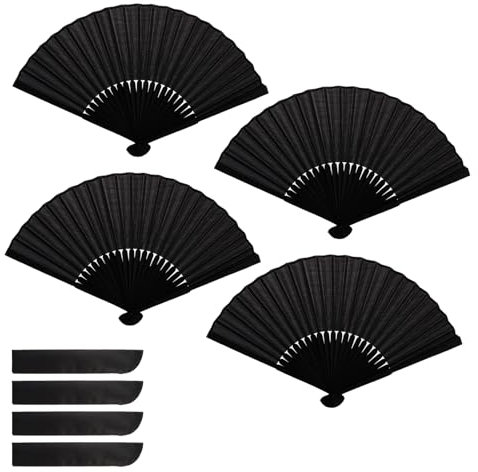 ASelected 4 Pcs Hand Fan Folding, 21 cm Hand Folding Fans with Pockets, Unfinished Black Handheld Paper Fan, Silk Fabric Hand Held Manual Fans for Dance Party Wedding Gifts DIY Decoration Home