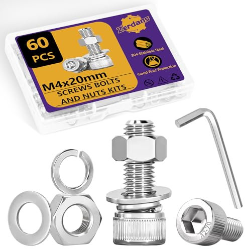 60Pcs M4 x 20mm Hex Socket Head Cap Screws Bolts and Nuts Set, 304 Stainless Steel Nuts and Bolts Machine Screws with Flat & Lock Washer Assortment Kit for DIY Repair