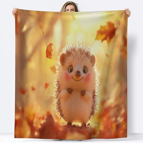 Generisch Orange Farbe Kuscheldecke Flauschig Tierfotografie Igel Herbstblätter 150 x 200 cm, Sherpa Plüsch Decke Tagesdecke - Kinder Erwachsene Weiche Flanell Fleecedecke Sofadecke Outdoordecke
