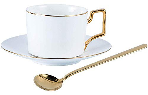SdaryWare Elegante Kaffeetassen und Untertassen im nordischen Stil, handgefertigt, goldenes Milchtassen-Set, englische Nachmittagsteetasse mit Löffel(Gold-4)