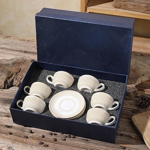 Erkundpresso. 6er-Set Espressotassen mit Untertassen 100ml - Espresso Tassen Set Steingut -Kaffeetassen Dickwandig mit Henkel- Handgefertigte Barista Kaffeetassen - Perlgrau