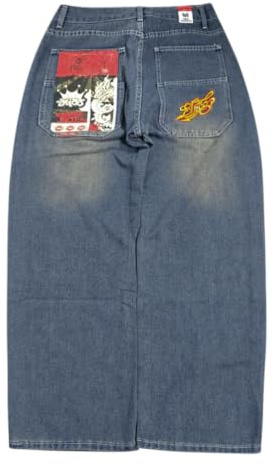 ORANDESIGNE Y2k Jeans Herren Hip Hop Retro Schädel Stickerei Gewaschen Baggy Denim Hose Lässig Lose Weites Bein Hose Streetwear