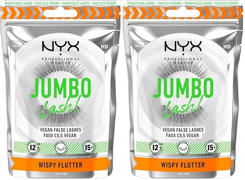 NYX Professional Makeup Falsche Wimpern, Langlebig, 12 Stunden Tragezeit, Unsichtbare Bänder, Bis zu 15-mal wiederverwendbar, Vegane Wimpern, Jumbo Lash!, Wispy Flutter (Packung mit 2)