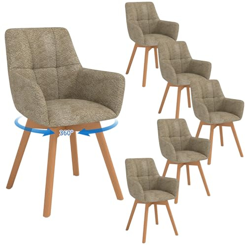 LEWE Esszimmerstühle Drehbar 6er Set mit Armlehne und Holzbeinen, Braun | 360°Drehstuhl, Polsterstuhl mit Ergonomische Stoffrückenlehne, Stühle für Esszimmer, Küche, Wohnzimmer, Schlafzimmer