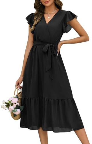Fashora Robe Longue Femme Été Chic et Elegant Col en V Robes Fluide Taille Haute Décontractée Boheme Robe de Plage à Manches à Volants A-Line Casual Robes D'été (Noir, M)