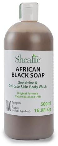 African Black Soap Liquid, 500ml,16.9 Fl Oz, Unscented made using Unrefined Shea Butter & Virgin Coconut Oil. Contains No SLS, Detergents & Parabens. Ideal For Sensitive Skin types. Shealife, 500ml