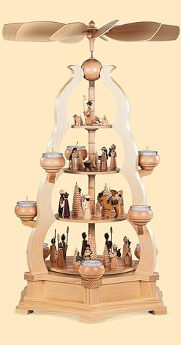 Müller Weihnachtspyramide Heilige Geschichte Bogenpyramide, 4-stöckig, 65 cm hoch, Natur mit Teelichter, original Erzgebirge von Müller Seiffen